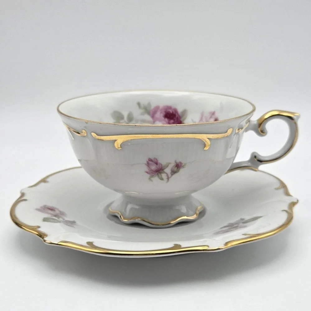 Vintage Bavaria Schumann Arzberg Wild Rose Dessert Plate, Teacup & Saucer Set